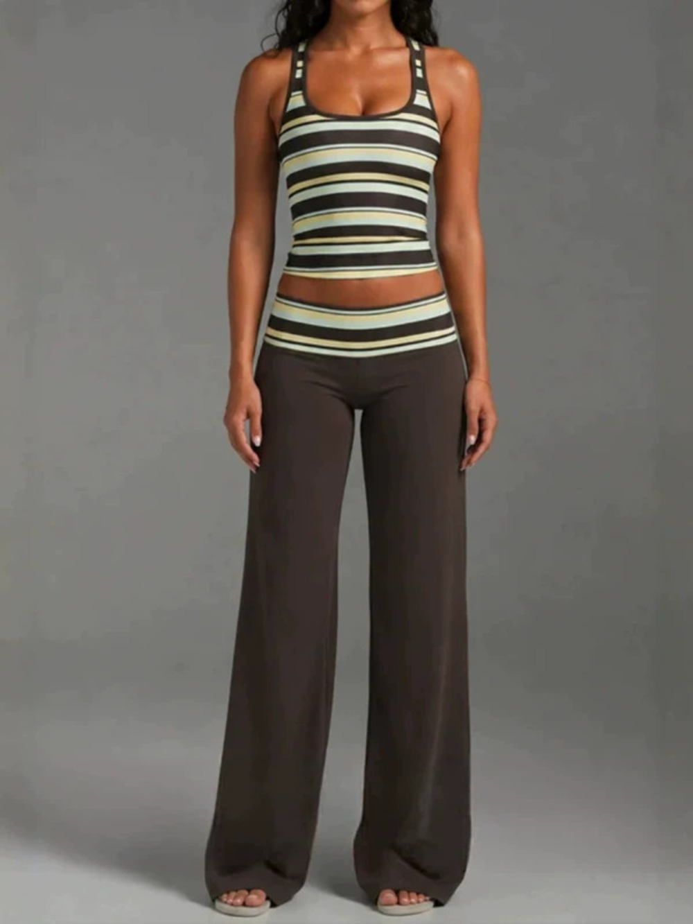ZARA Women Summer Casual Sleeveless Fitted Striped Top and Pants Set